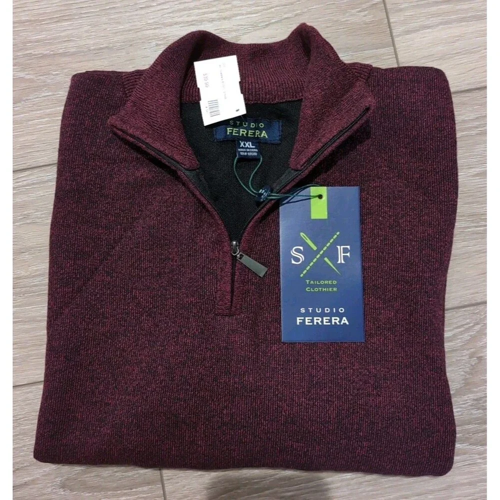 STUDIO FERERA MEN'S 1/4 ZIP BURGUNDY LONG SLEEVE PULLOVER SWEATERS SZ XXL  NWT